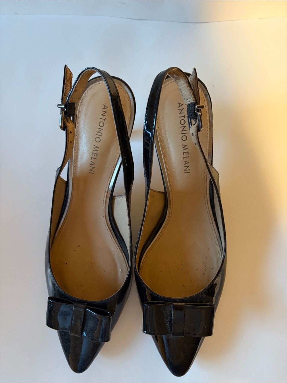 ANTONIO MELANI Black Patent Pointed-Toe Slingback Pumps with Bow